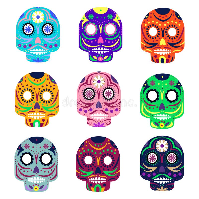 Día mexicano del ejemplo muerto del vector del concepto Festival de Muerte Cráneos coloridos del sistema en el fondo blanco libre illustration Día mexicano del ejemplo muerto del vector del concepto Festival de Muerte Cráneos coloridos del sistema en el fondo blanco libre illustration
