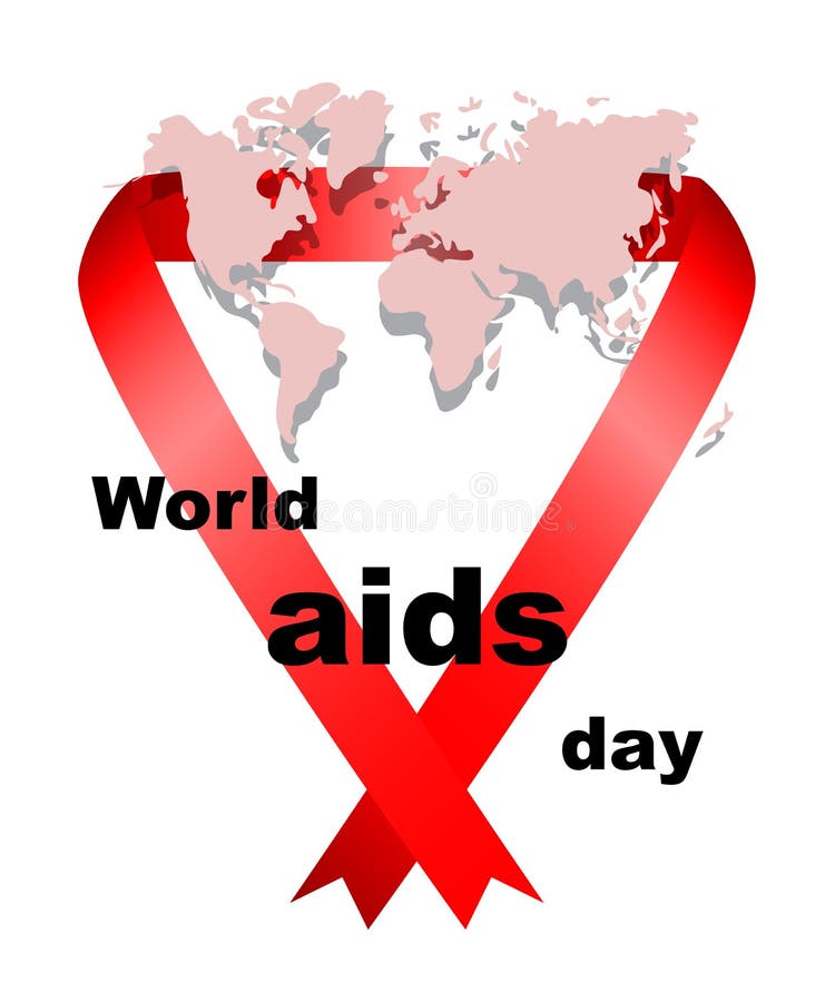 Día Mundial del Sida El mapa del mundo atado con una cinta roja stock de ilustración Día Mundial del Sida El mapa del mundo atado con una cinta roja stock de ilustración