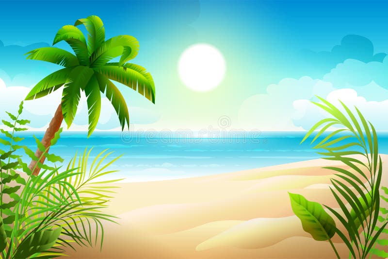 Día soleado en la playa arenosa tropical Palmeras y días de fiesta del paraíso del mar ilustración del vector Día soleado en la playa arenosa tropical Palmeras y días de fiesta del paraíso del mar ilustración del vector