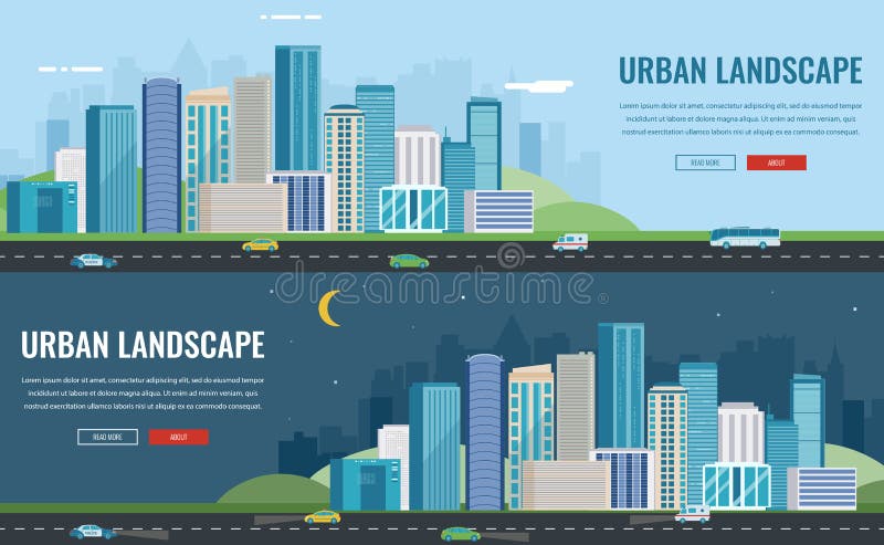 Día y noche paisaje urbano Ciudad moderna Arquitectura del edificio, ciudad del paisaje urbano Plantilla del sitio web del concep libre illustration
