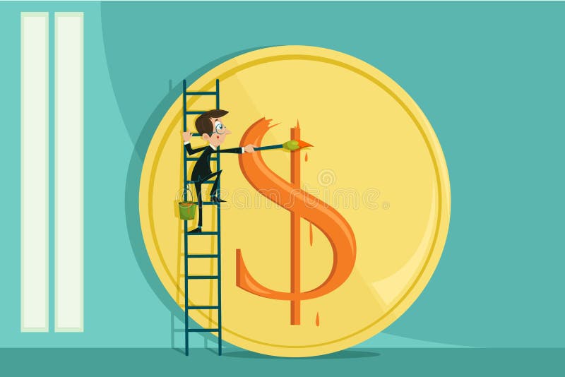 Easy to edit vector illustration of businessman painting dollar sign on coin. Easy to edit vector illustration of businessman painting dollar sign on coin