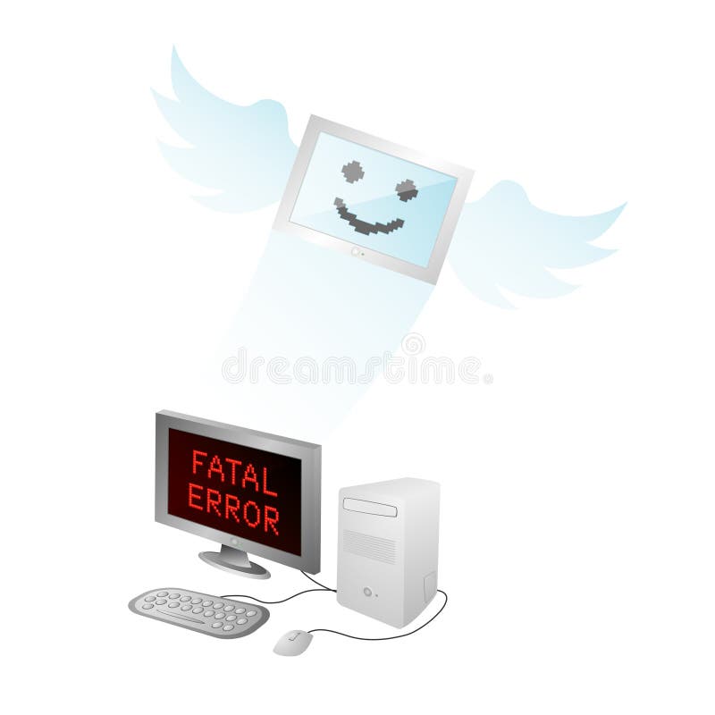 Vector illustration of home computer with error screen and flying away soul. Vector illustration of home computer with error screen and flying away soul