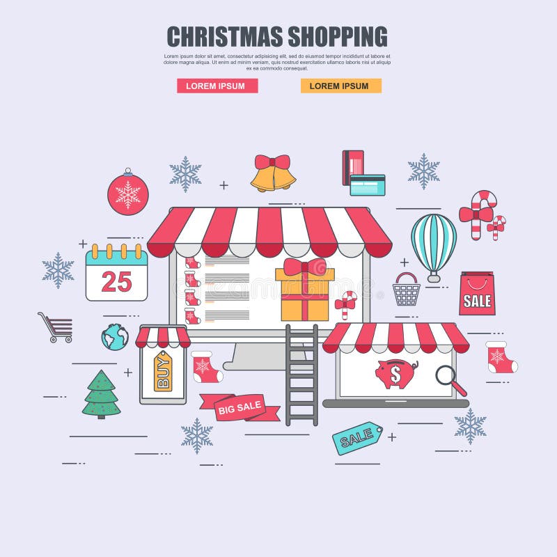 Dünne Linie flaches Konzept des Entwurfes von Kaufwaren im Online-Shop für Weihnachten stock abbildung Dünne Linie flaches Konzept des Entwurfes von Kaufwaren im Online-Shop für Weihnachten stock abbildung