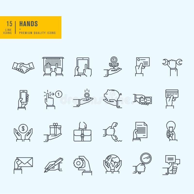 Set of thin line icons of hand using devices, using money, in business situations, communication. Set of thin line icons of hand using devices, using money, in business situations, communication.