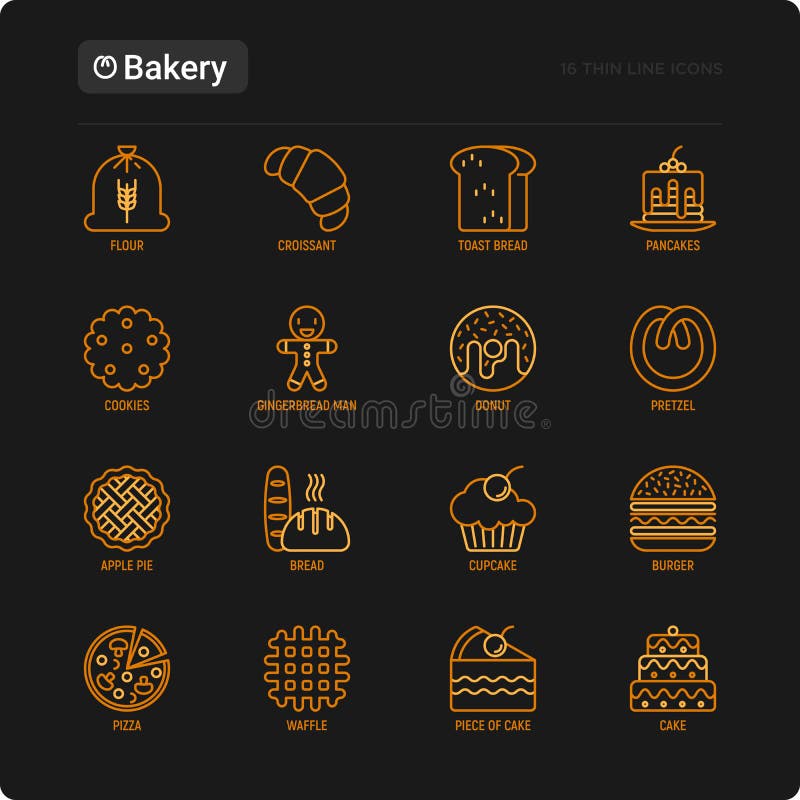 Dünne Linie Ikonensatz der Bäckerei: Toastbrot, Pfannkuchen, Mehl, Hörnchen, Donut, Brezel, Plätzchen, Lebkuchenmann, kleiner Kuc stock abbildung Dünne Linie Ikonensatz der Bäckerei: Toastbrot, Pfannkuchen, Mehl, Hörnchen, Donut, Brezel, Plätzchen, Lebkuchenmann, kleiner Kuc stock abbildung