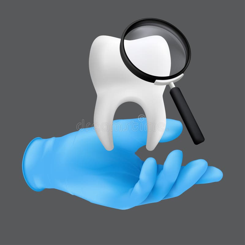 Dentist hand wearing blue protective surgical glove holding a ceramic model of the tooth. 3d realistic vector illustration of dental regular checkups concept isolated on a grey background. Dentist hand wearing blue protective surgical glove holding a ceramic model of the tooth. 3d realistic vector illustration of dental regular checkups concept isolated on a grey background