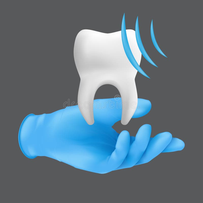 Dentist hand wearing blue protective surgical glove holding a ceramic model of the tooth. 3d realistic vector illustration of professional dental cleaning concept isolated on a grey background. Dentist hand wearing blue protective surgical glove holding a ceramic model of the tooth. 3d realistic vector illustration of professional dental cleaning concept isolated on a grey background