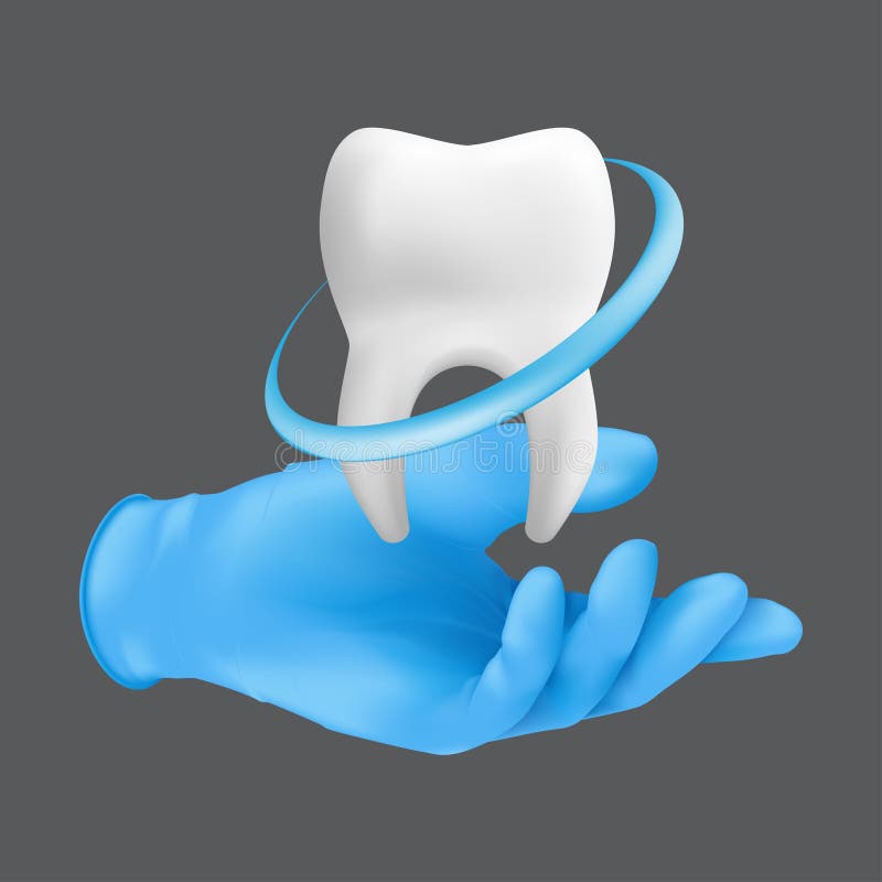 Dentist hand wearing blue protective surgical glove holding a ceramic model of the tooth. 3d realistic vector illustration of teeth whitening concept isolated on a grey background. Dentist hand wearing blue protective surgical glove holding a ceramic model of the tooth. 3d realistic vector illustration of teeth whitening concept isolated on a grey background