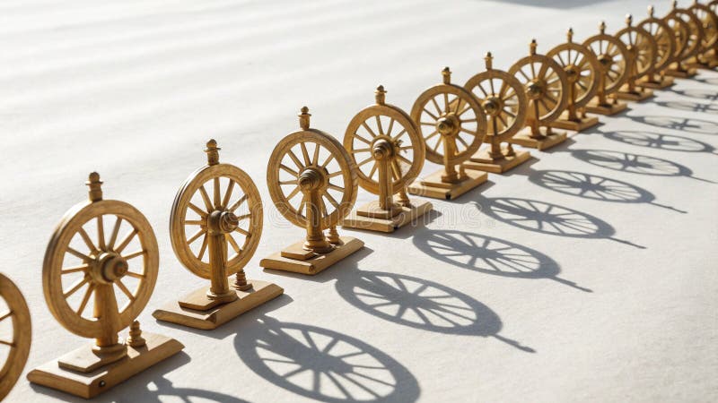 Długi rząd miniaturowych złotych modeli okrętowych rzucających cienie na jasną białą powierzchnię w świetle słonecznym royalty ilustracja