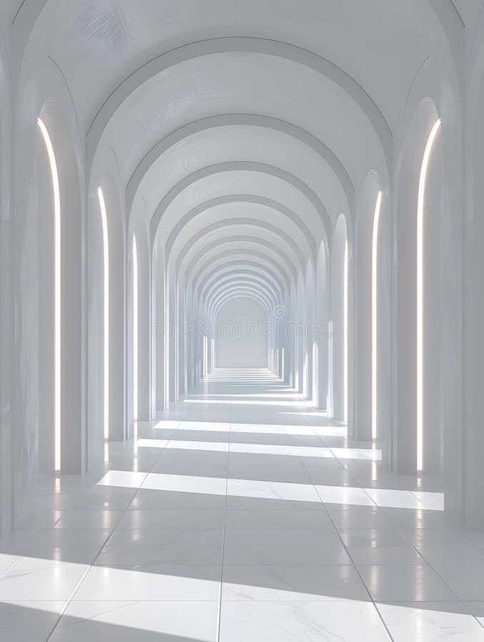A symmetrical hallway in a building with arches and columns, illuminated by electric blue lights on the walls. The pattern of darkness contrasts with the tints and shades, resembling a piece of art AI generated. A symmetrical hallway in a building with arches and columns, illuminated by electric blue lights on the walls. The pattern of darkness contrasts with the tints and shades, resembling a piece of art AI generated