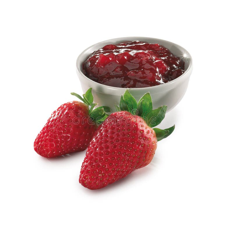 Strawberry jam and two strawberrie on a white background. Strawberry jam and two strawberrie on a white background