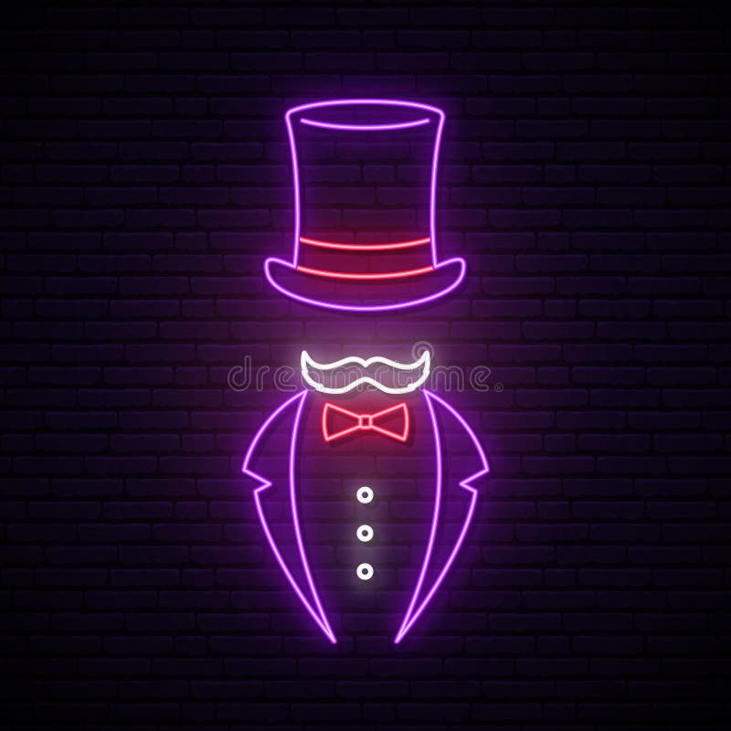 D?entelmenu neonowy znak Jaskrawy signboard z butla smokingiem i kapeluszem ilustracja wektor D?entelmenu neonowy znak Jaskrawy signboard z butla smokingiem i kapeluszem ilustracja wektor
