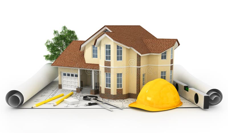 3D rendering of a house with garage on top of blueprints isolated on white background. 3D rendering of a house with garage on top of blueprints isolated on white background