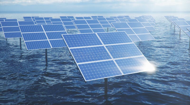 3D illustration solar panels in the sea or ocean. Alternative energy. Concept of renewable energy. Ecological, clean energy. Solar panels, photovoltaic with reflection beautiful blue sky. 3D illustration solar panels in the sea or ocean. Alternative energy. Concept of renewable energy. Ecological, clean energy. Solar panels, photovoltaic with reflection beautiful blue sky