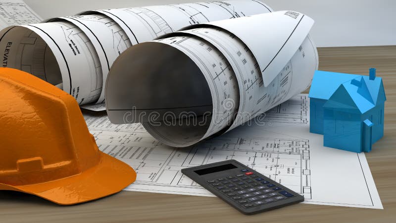 3d illustration of Blueprints, house model and construction equipment on architect working table.Construction Concept. 3d illustration of Blueprints, house model and construction equipment on architect working table.Construction Concept.