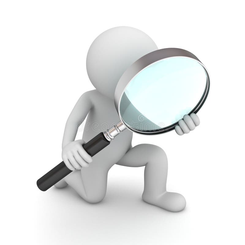 3d man holding magnifying glass over white background. 3d man holding magnifying glass over white background