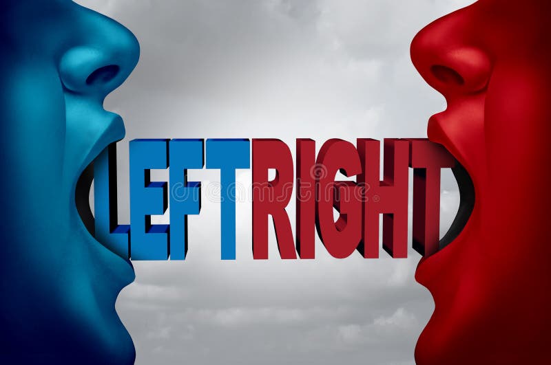 Left and right campaign argument and ideology as two people with open mouths with text as a liberal or conservative democratic or democracy choice with 3D illustration elements. Left and right campaign argument and ideology as two people with open mouths with text as a liberal or conservative democratic or democracy choice with 3D illustration elements.