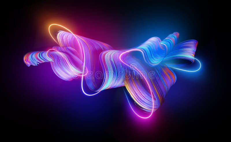 3d render. Abstract folded ribbon glowing with pink blue neon light. Creative brushstroke, fashion wallpaper with curvy lines. 3d render. Abstract folded ribbon glowing with pink blue neon light. Creative brushstroke, fashion wallpaper with curvy lines.