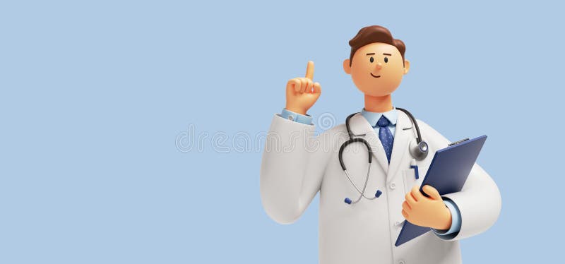 3d render. Doctor cartoon character with stethoscope and clipboard, looks at camera and gives advice. Clip art isolated on blue background. Professional consultation and recommendation. 3d render. Doctor cartoon character with stethoscope and clipboard, looks at camera and gives advice. Clip art isolated on blue background. Professional consultation and recommendation.