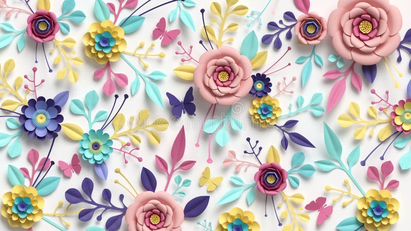 3d render, horizontal floral pattern. Abstract cut paper flowers isolated on white, botanical background. Rose, daisy, dahlia, butterfly, leaves in pastel colors. Modern decorative handmade design. 3d render, horizontal floral pattern. Abstract cut paper flowers isolated on white, botanical background. Rose, daisy, dahlia, butterfly, leaves in pastel colors. Modern decorative handmade design