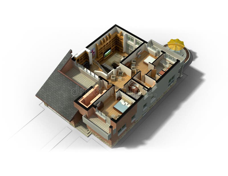 3D rendering of a furnished residential house, with the second floor, showing the staircase, bedrooms, bathrooms and walk-in closets and storage. 3D rendering of a furnished residential house, with the second floor, showing the staircase, bedrooms, bathrooms and walk-in closets and storage.