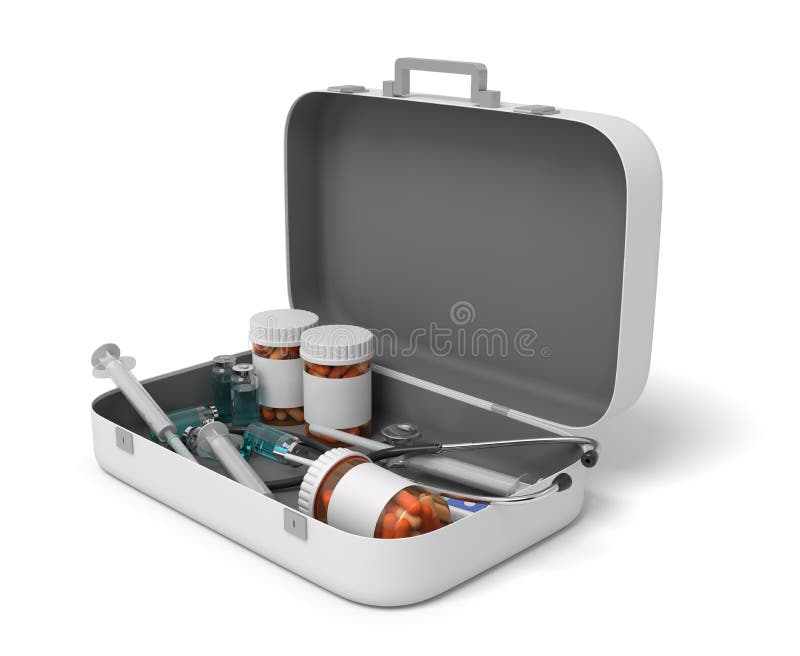 3d被打开的急救医疗箱子翻译有在白色背景和医疗设备的隔绝的药片瓶子 免版税库存照片 3d被打开的急救医疗箱子翻译有在白色背景和医疗设备的隔绝的药片瓶子 免版税库存照片