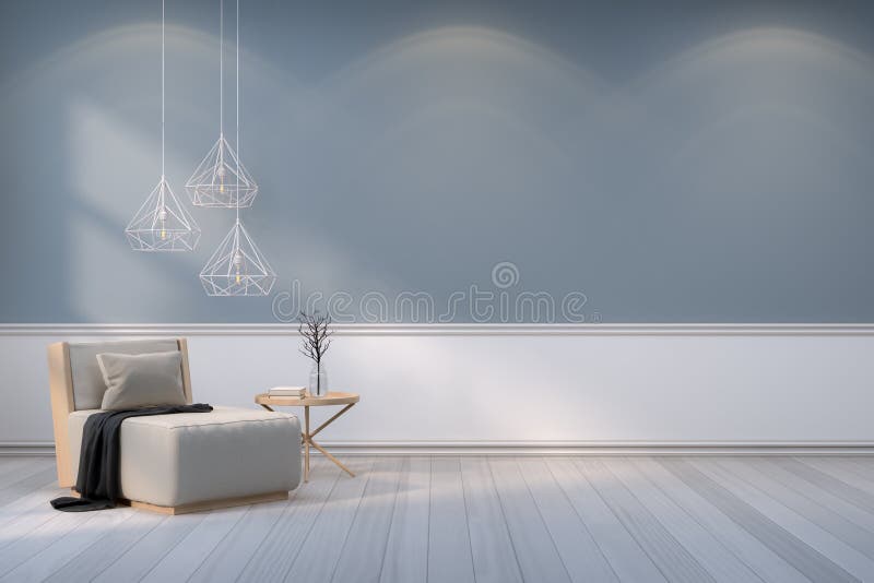 Minimalist room interior,wood armchair with white lamp on gray wall and wood floor /3d render. Minimalist room interior,wood armchair with white lamp on gray wall and wood floor /3d render