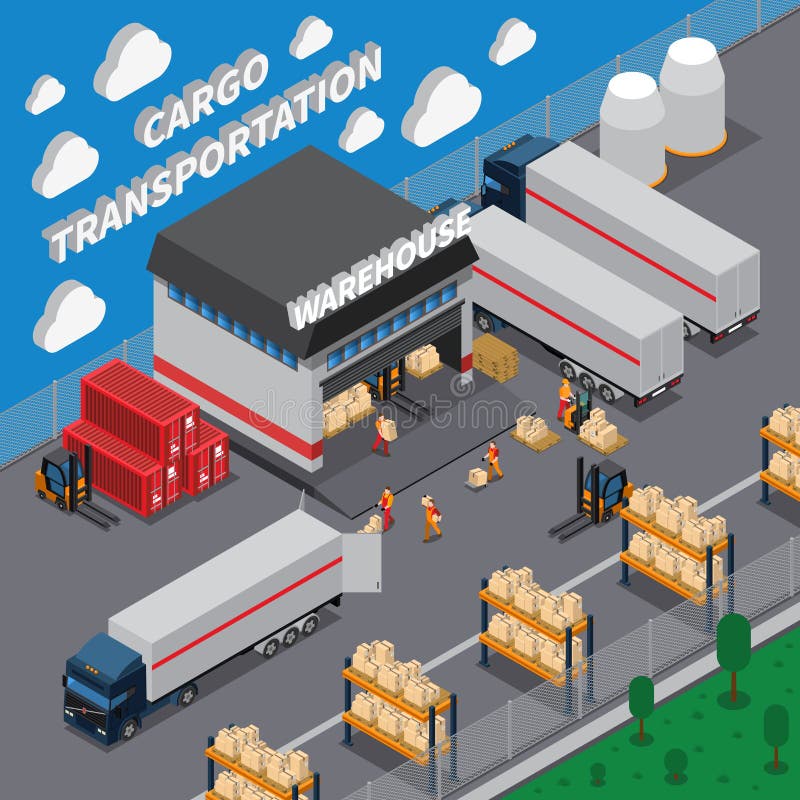 Cargo transportation isometric composition with warehouse, parking, shelves with goods, loading packages in truck vector illustration. Cargo transportation isometric composition with warehouse, parking, shelves with goods, loading packages in truck vector illustration