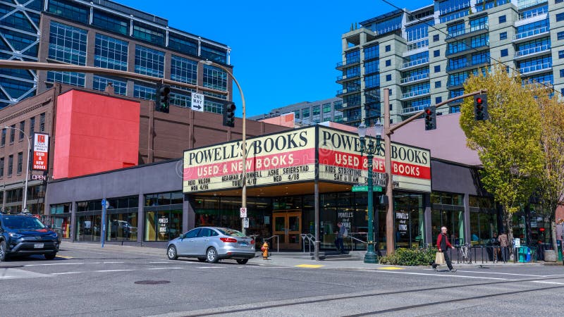 Portland, Oregon, USA - April 19, 2018: Facade of Powell's Books, which is the World's Largest Independent Bookstore. Portland, Oregon, USA - April 19, 2018: Facade of Powell's Books, which is the World's Largest Independent Bookstore