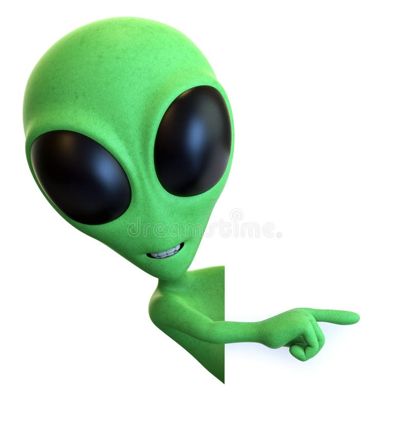 3D rendering of a cartoon alien leaning to the side and pointing to empty copy space isolated on a white background.