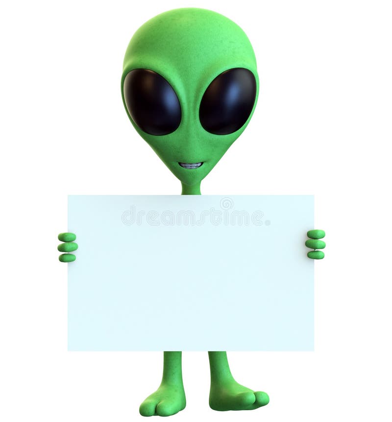 3D rendering of a cool cartoon alien holding a blank sign with empty space for copy isolated on a white background.