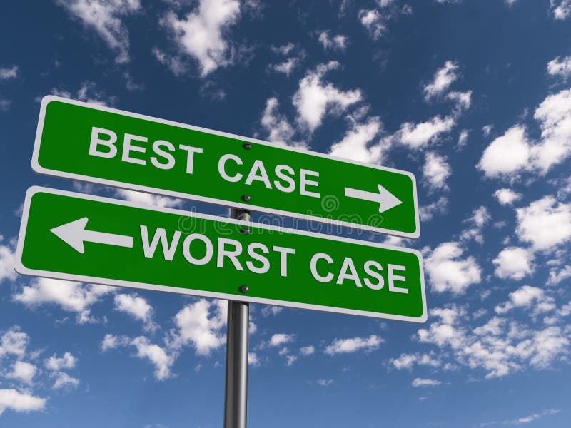 A close up of best and worst case guideposts showing opposite directions and the sky in the background. A close up of best and worst case guideposts showing opposite directions and the sky in the background.