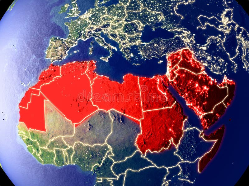 Arab League from space on Earth at night. Very fine detail of the plastic planet surface with bright city lights. 3D illustration. Elements of this image furnished by NASA