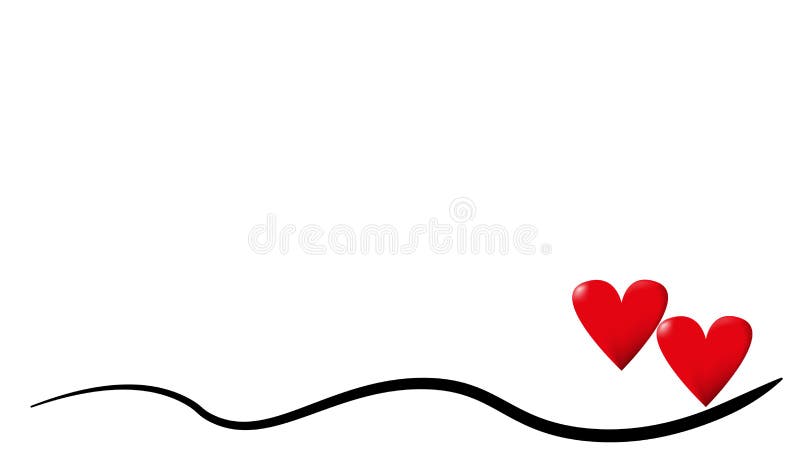 Two red hearts on a curved black line on a white background, frame for mothers day, valentines day, weddings or engagements