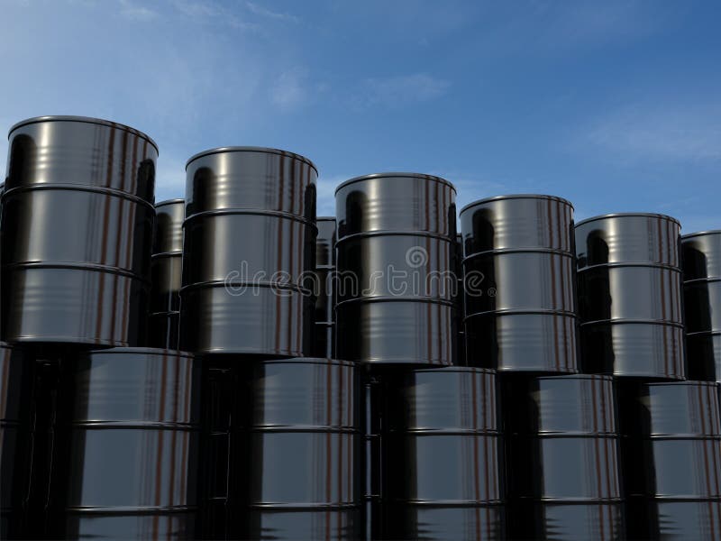 Oil barrels isolated on blue sky. 3d illustration. Arranged in a row. Oil barrels isolated on blue sky. 3d illustration. Arranged in a row.