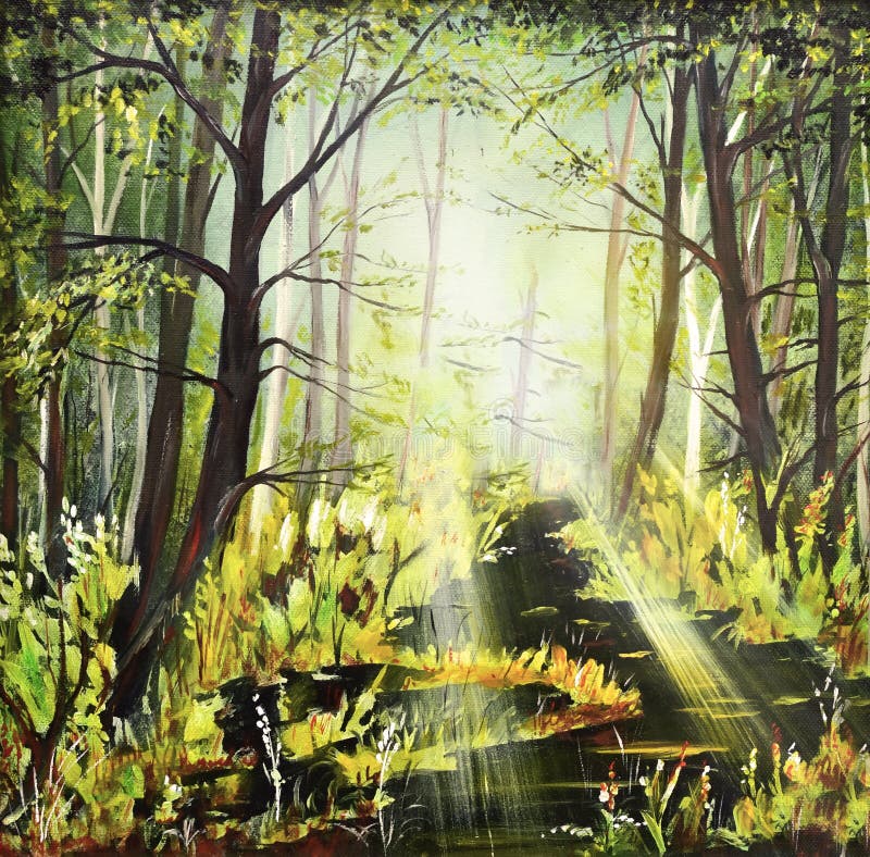 Picture canvas oil acrylic sun deciduous forest nature. Picture canvas oil acrylic sun deciduous forest nature