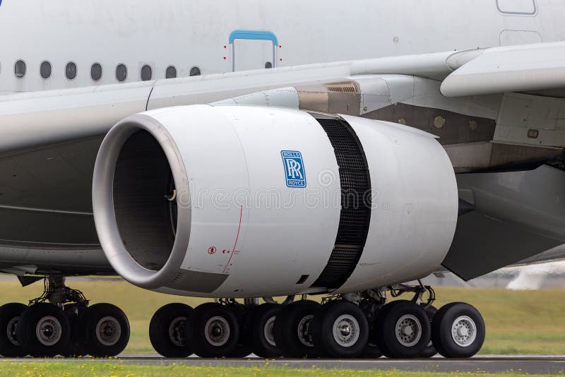Moteur Rolls Royce Trent sur un avion Airbus A380 image stock