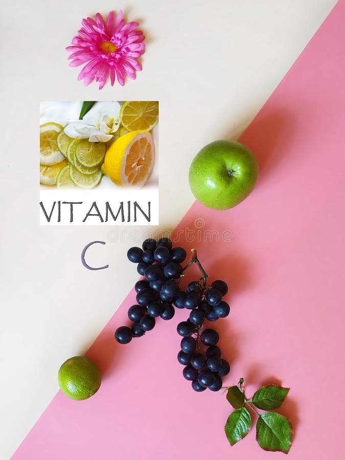 Vitamin C Sweet Fruits Apple Lemon Grape Citrus on Blue Plate
