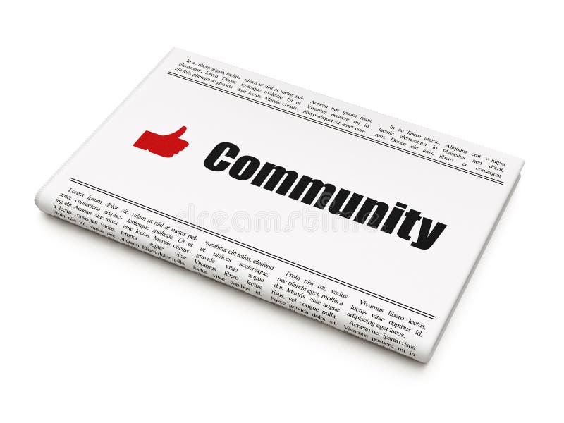 Social network concept: newspaper headline Community and Thumb Up icon on White background, 3d render. Social network concept: newspaper headline Community and Thumb Up icon on White background, 3d render