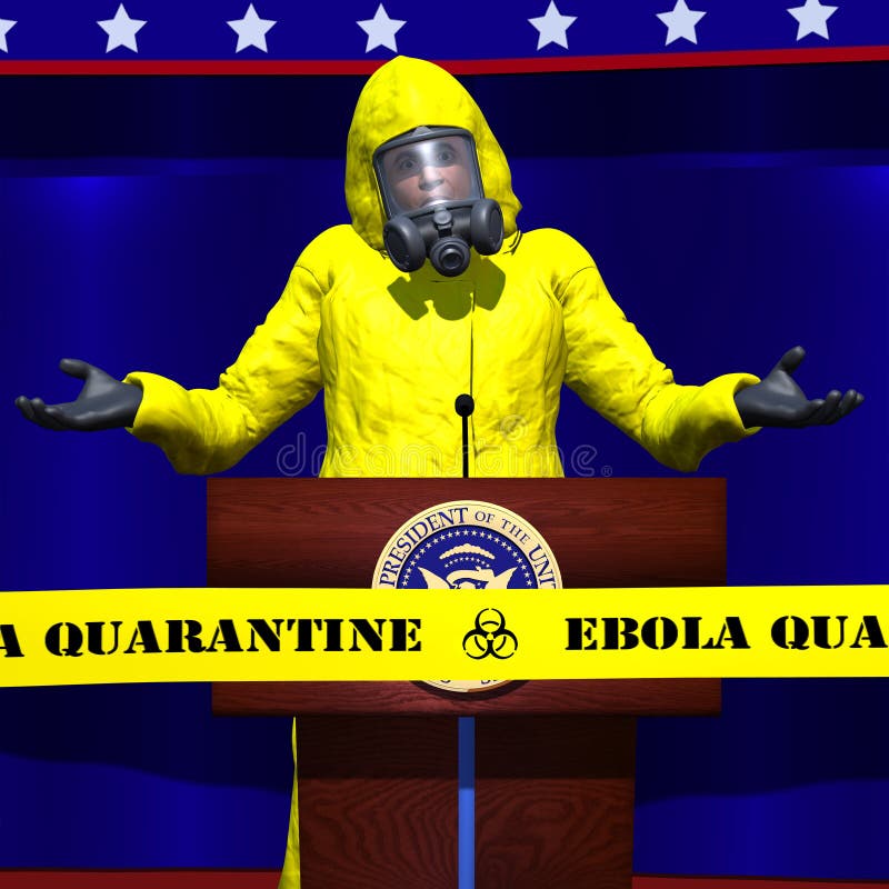 A political figure wearing a hazmat suit is shrugging his shoulders at a speech about Ebola. He is behind a Ebola Quarantine tape. Political