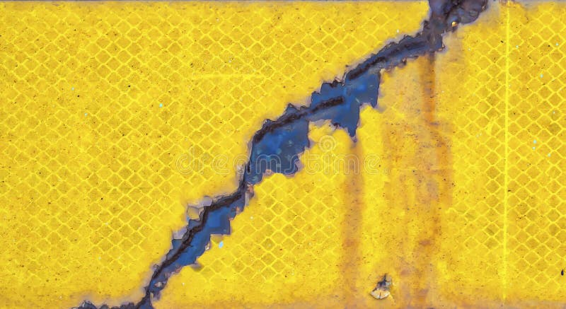 Diagonal tear with rust and decay on a yellow metal background. Diagonal tear with rust and decay on a yellow metal background.