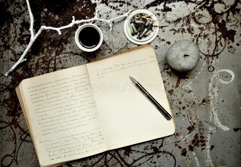 Artist's morning with notebook , coffee and cigarettes on a vintage background . Inspiration concept image . Artist's morning with notebook , coffee and cigarettes on a vintage background . Inspiration concept image .