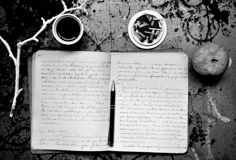 Artist's morning with notebook , coffee and cigarettes on a vintage background . Inspiration concept image , writer's desk . Artist's morning with notebook , coffee and cigarettes on a vintage background . Inspiration concept image , writer's desk .