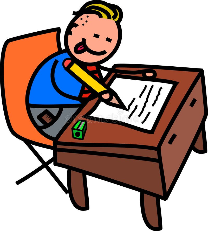 School Boy Test. A cute doodle drawing of a happy little boy in school uniform writing at a desk.