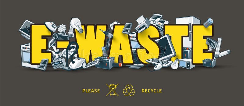 The waste electrical and electronic equipment creating pile around the E-Waste sign. Computer and other obsolete used electronic waste stack on title. Waste management concept. Graffity and street art feeling. The waste electrical and electronic equipment creating pile around the E-Waste sign. Computer and other obsolete used electronic waste stack on title. Waste management concept. Graffity and street art feeling.