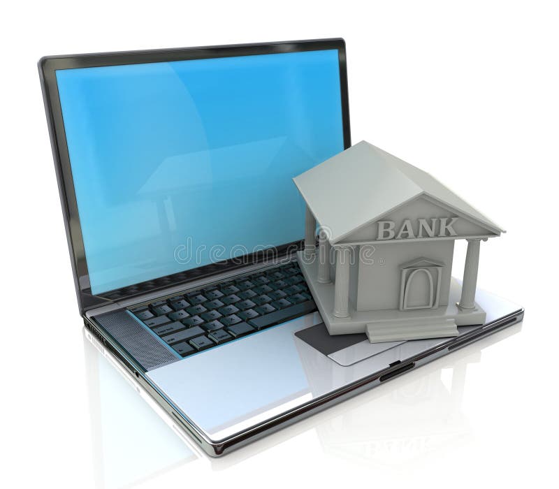 E-bankwezen, e-bankwezen, laptop met bank 3d pictogram