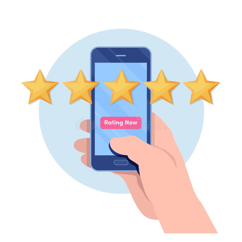 Customer giving five star rating by smartphone application. User feedback review scroll. Cartoon illustration vector graphic on white background. Customer giving five star rating by smartphone application. User feedback review scroll. Cartoon illustration vector graphic on white background.