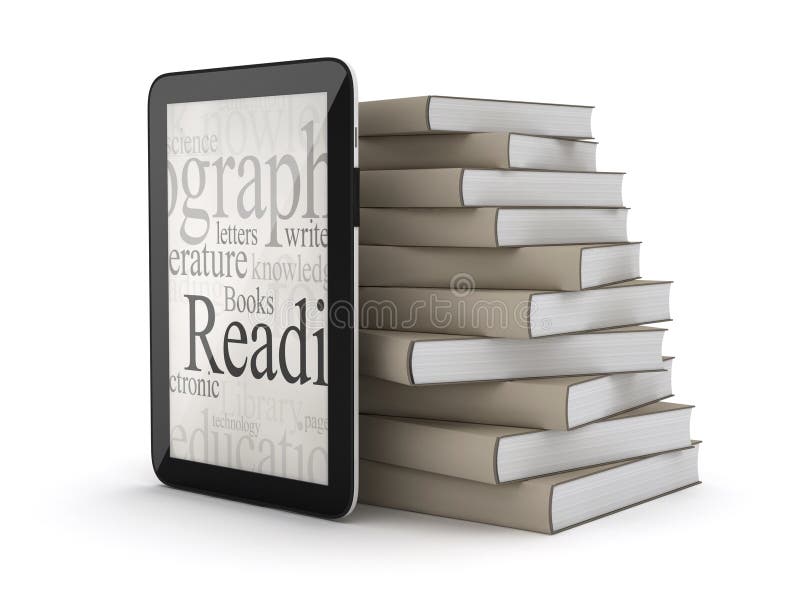 E-books - tablet computer and stack of books