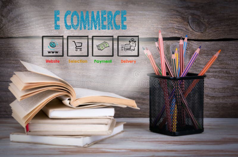 E commerce, Business Concept. Stack of books and pencils on the wooden table. royalty free stock photos E commerce, Business Concept. Stack of books and pencils on the wooden table. royalty free stock photos