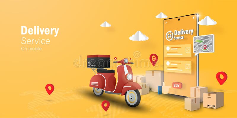 E-commerce concept, Delivery service on mobile application, Transpotation or food delivery by scooter